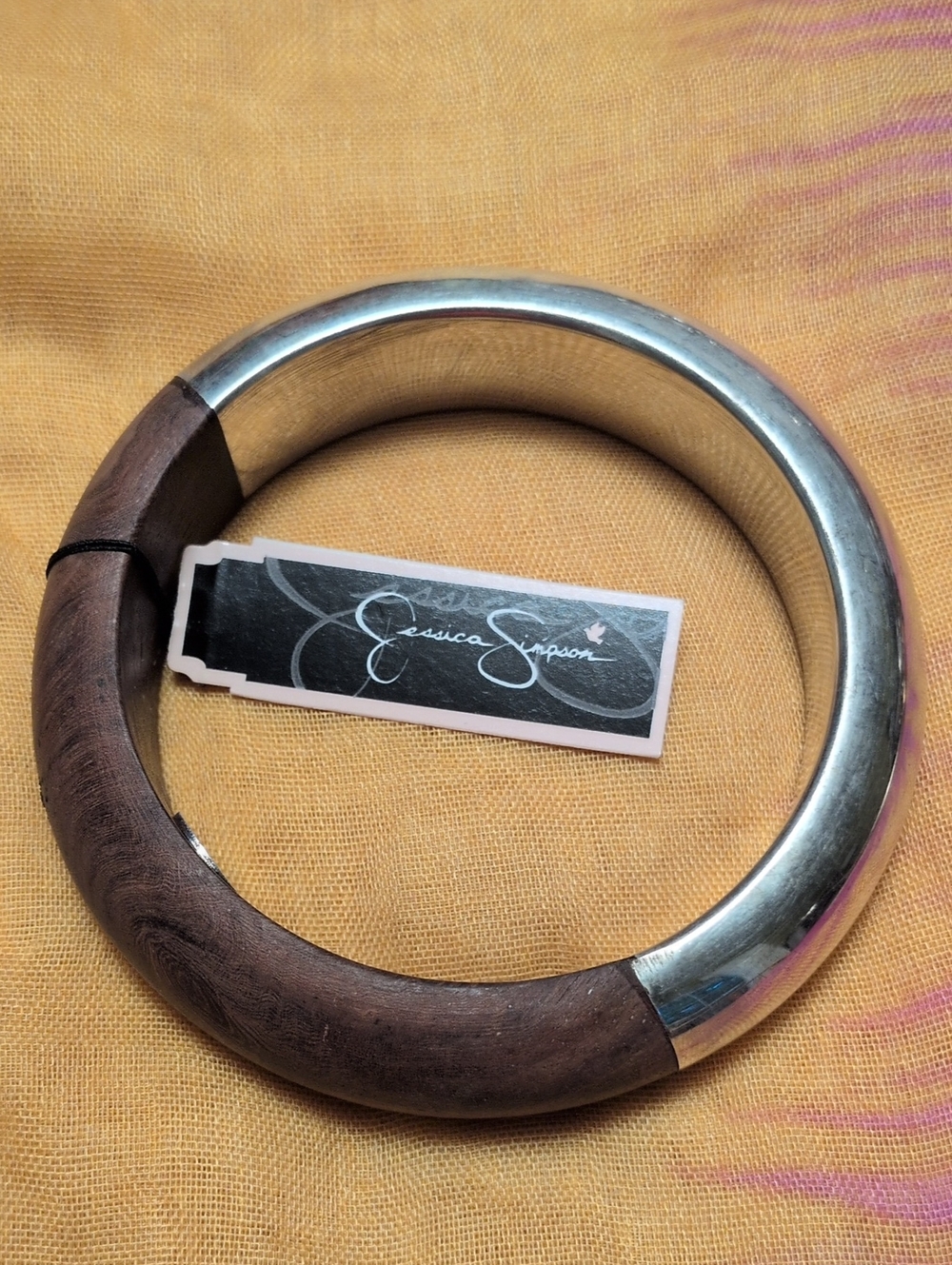 Jessica Simpson Wood Silver Tone Half & Half Baffle Slip On Bangle Bracelet NWT